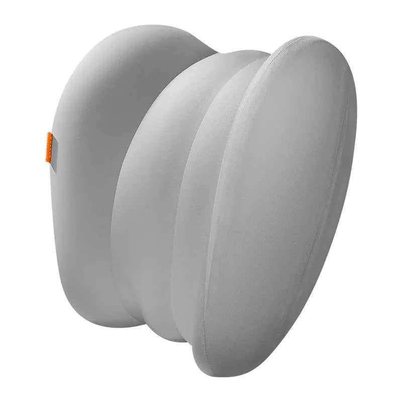 Grey and orange car head restraint neck guard with memory cotton interior shown as headrest and waist pillow