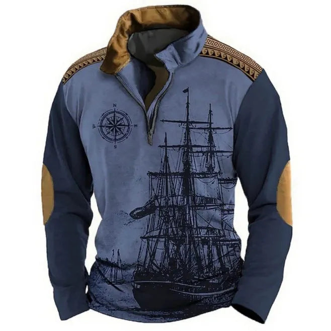 Men's loose fit long sleeve t-shirt with retro colour printing and stripe pattern, showing zip detail on sleeve.