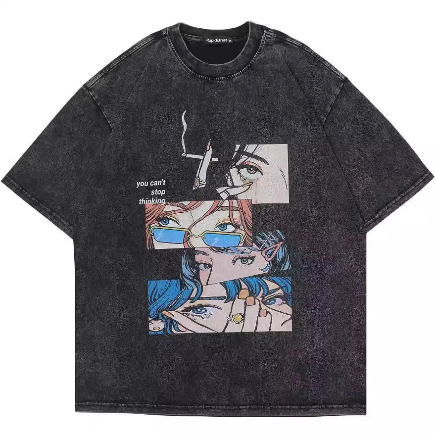 Men's washed black cotton t-shirt with retro cartoon print, loose fit short sleeve streetwear style