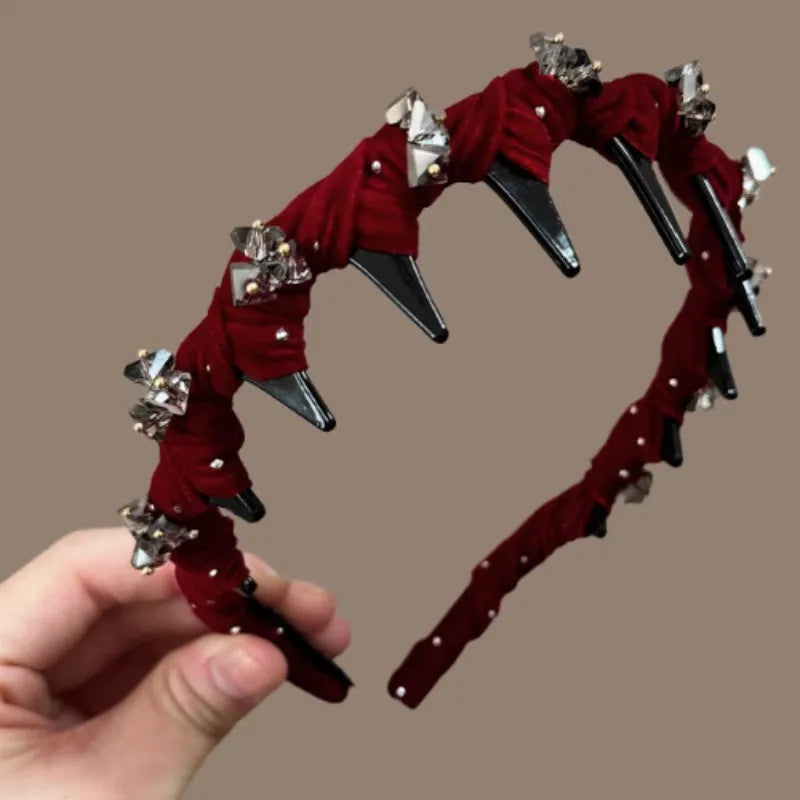 Velvet hairband with crystal wave design in red, black, or coffee colours for thick hair
