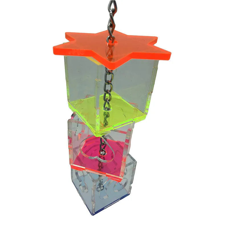 Transparent acrylic parrot foraging toy measuring 5x5x32cm for food containment