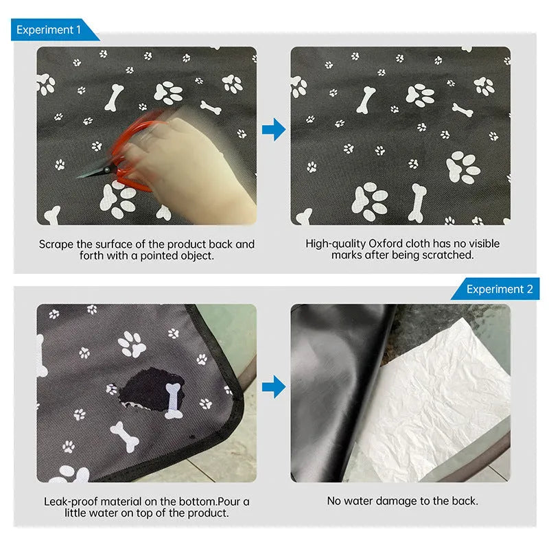 Washable cloth car pet mat for rear seat protection with dog bone print design.