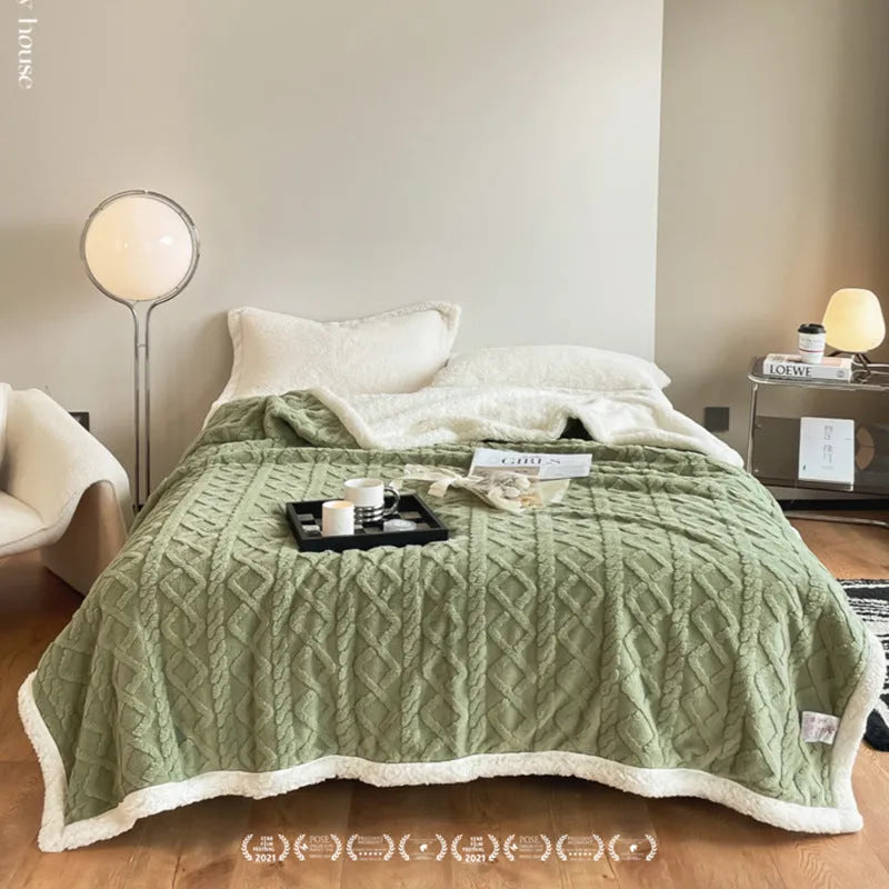 Polyester thermal flannel winter blanket in beige colour, laid flat showing its 180x200cm size and textured fabric.