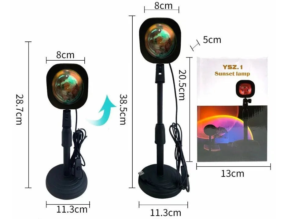 Rechargeable sunset red projection lamp with USB power connection and rainbow lighting effects