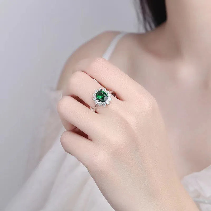 Copper women's floral ring with cubic zirconia stone in electroplated green, blue or red finish