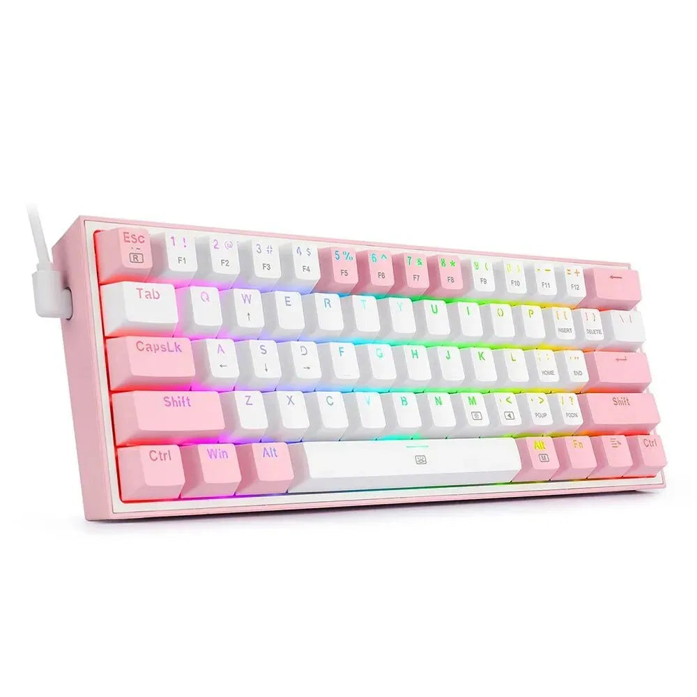 White and pink wired mechanical keyboard with RGB backlighting on dual keycaps.