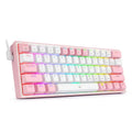 White and pink wired mechanical keyboard with RGB backlighting on dual keycaps.