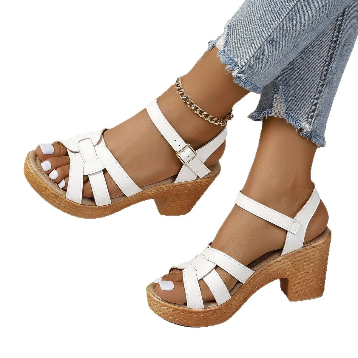 Plus size black women's sandals with peep toe, chunky heel, and ankle buckle strap on a white background.