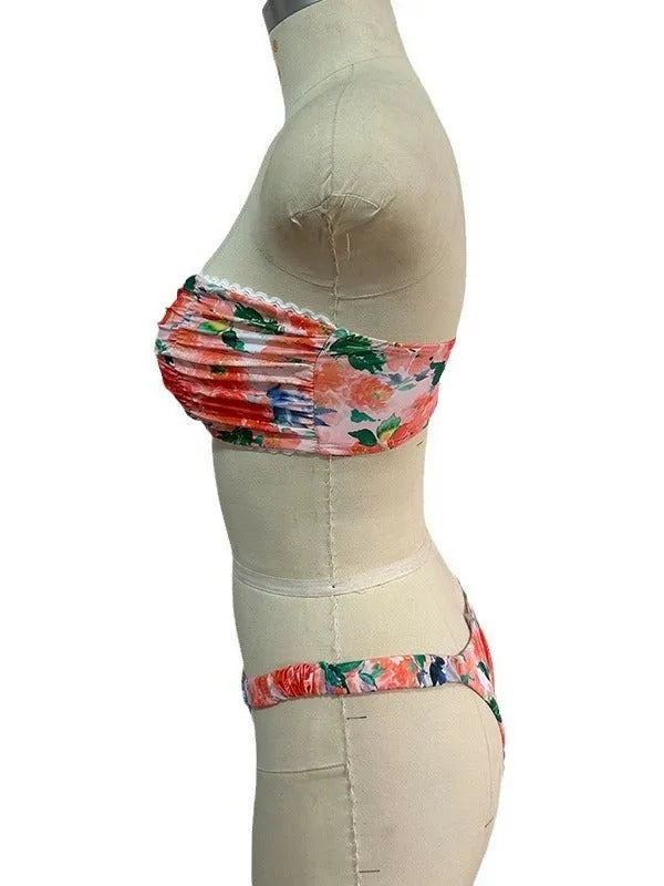 Women's floral print tube top bikini set with lace trim in blue colour