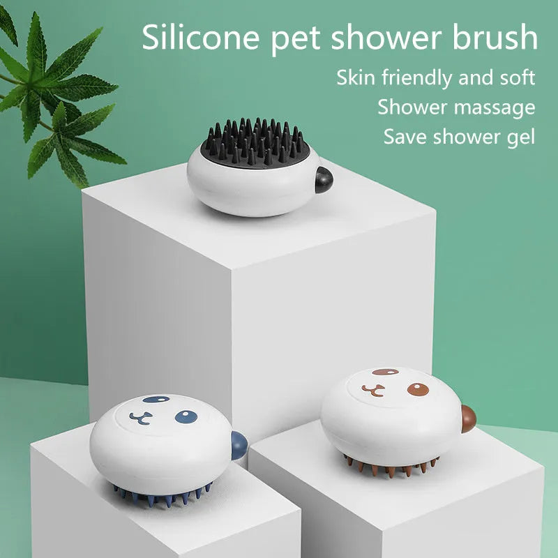 Panda silicone pet shower brush with soft bristles for cat and dog bath time cleaning