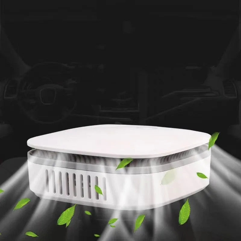 White USB car air purifier with negative ion sterilisation function.
