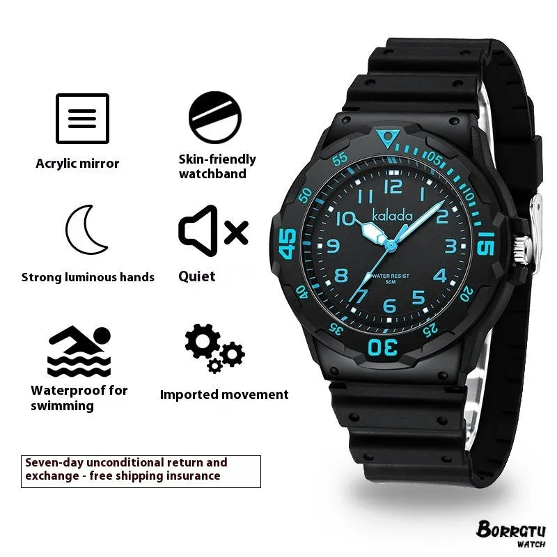 Men's sports luminous pointer quartz watch with black dial and sports bracelet