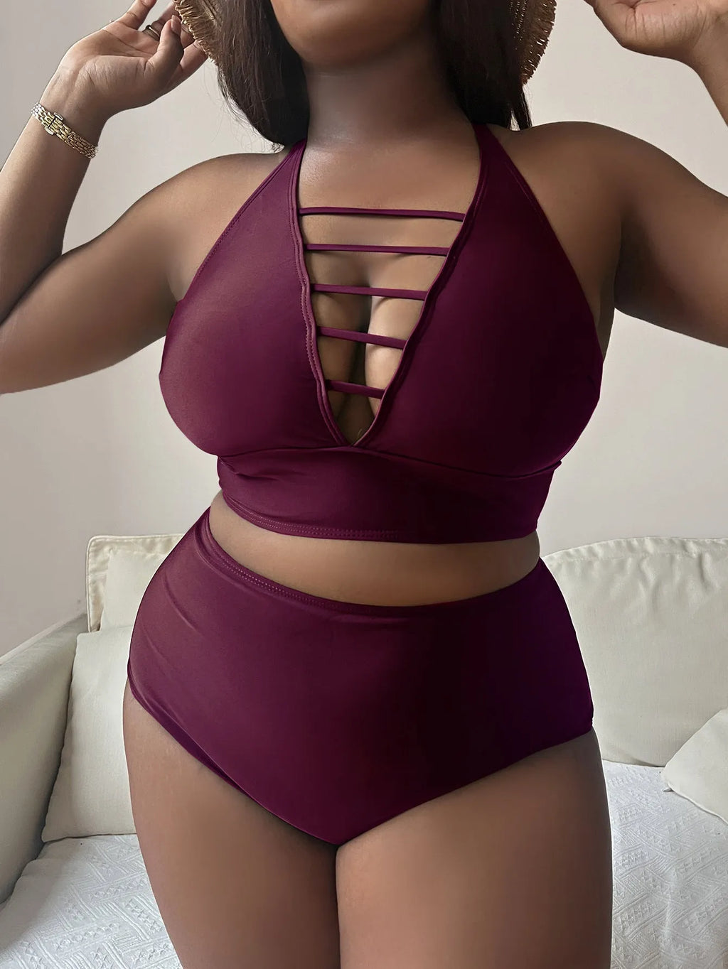 Plus size high waist halter bikini set in solid color with adjustable cross straps and backless design