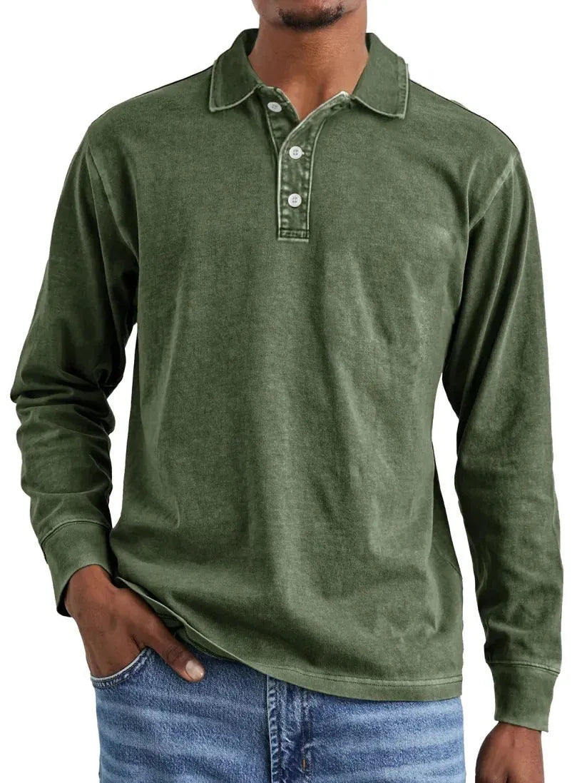 Retro washed cotton polo shirt with distressed lapel detail in Army Green colour