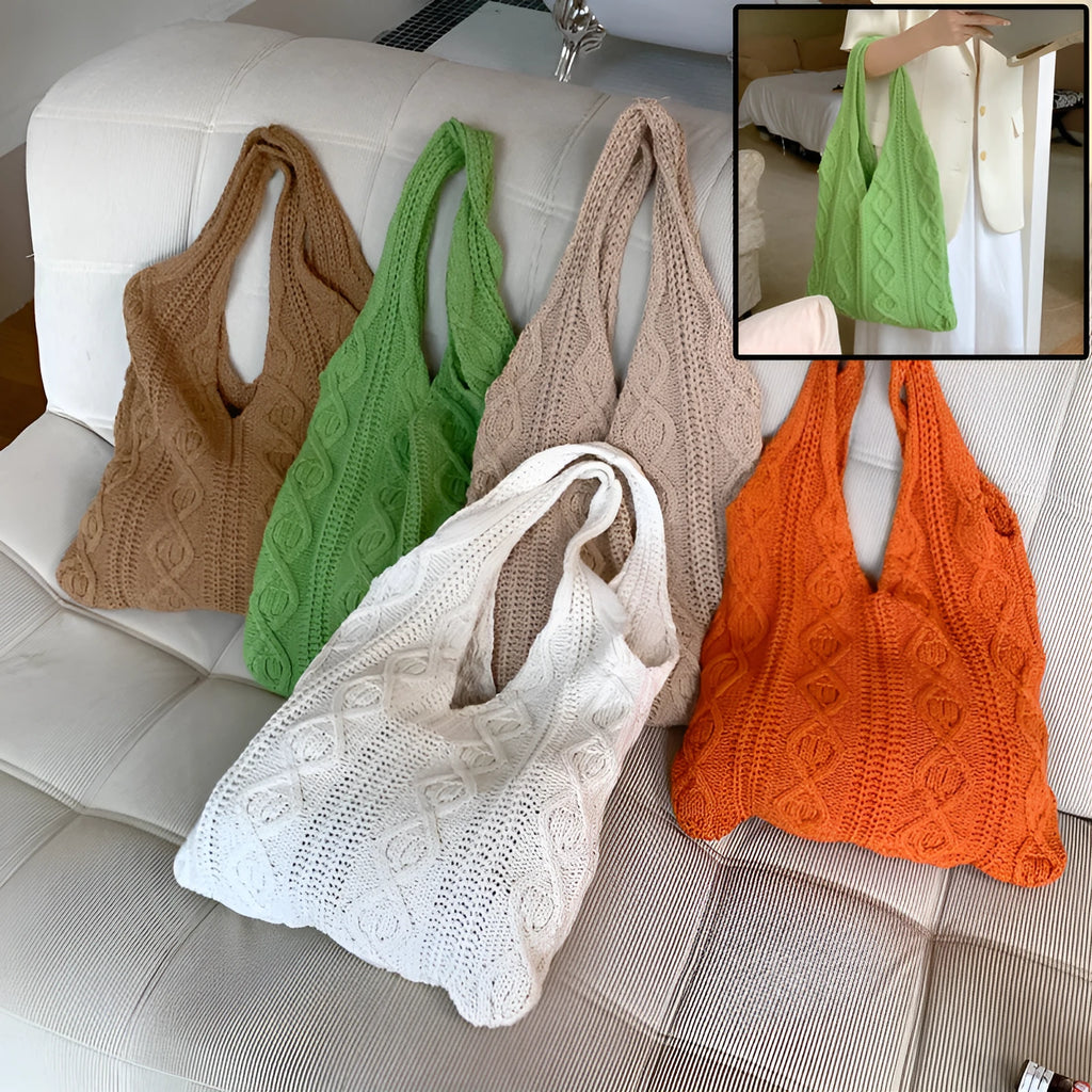 Retro hollow knitted polyester tote bag in a solid colour with double shoulder straps.