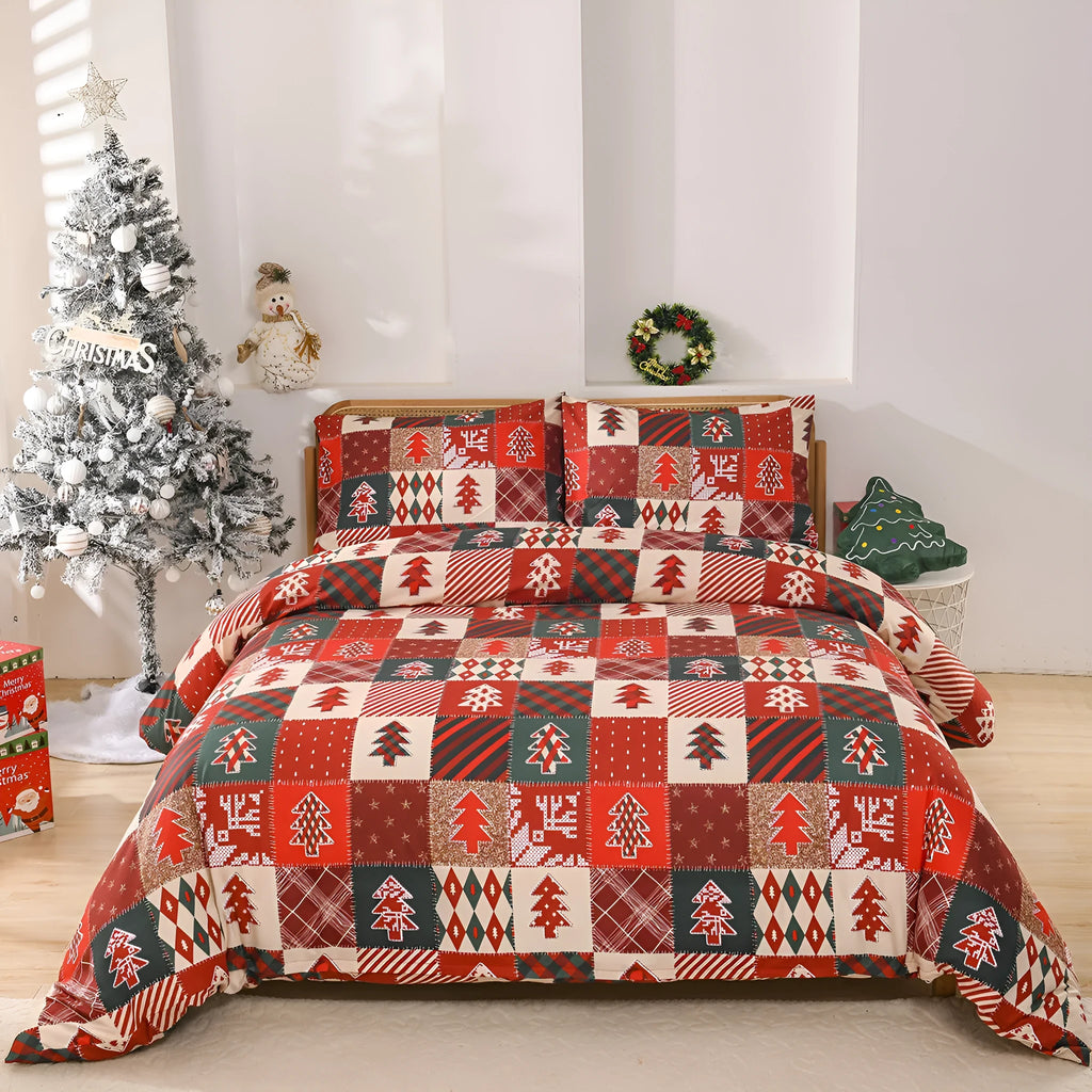 Red and black plaid patterned quilt cover and pillowcases on a bed, Christmas bedding set.