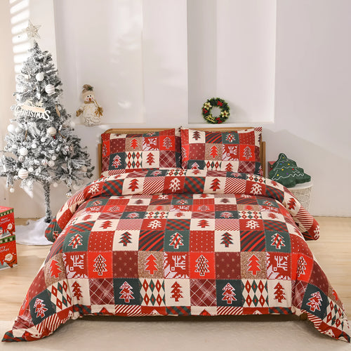 Red and black plaid patterned quilt cover and pillowcases on a bed, Christmas bedding set.