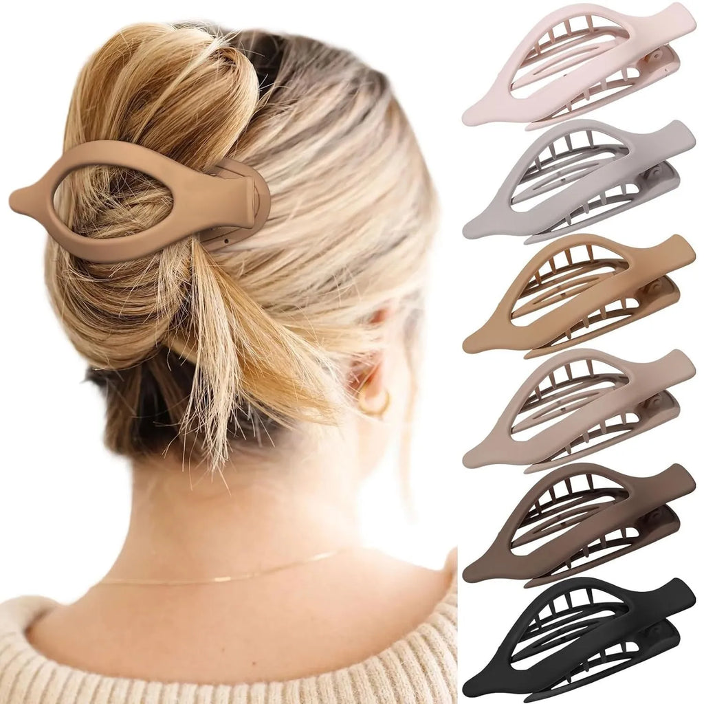 Set of six rose red nude coloured women's plastic hair clips with quadrilateral design on a white background.