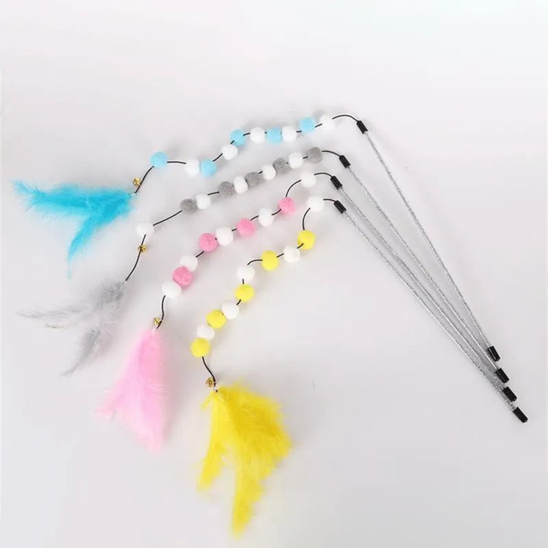 31cm long cat teaser interactive toy rod with feather, pompon, and bell attachments