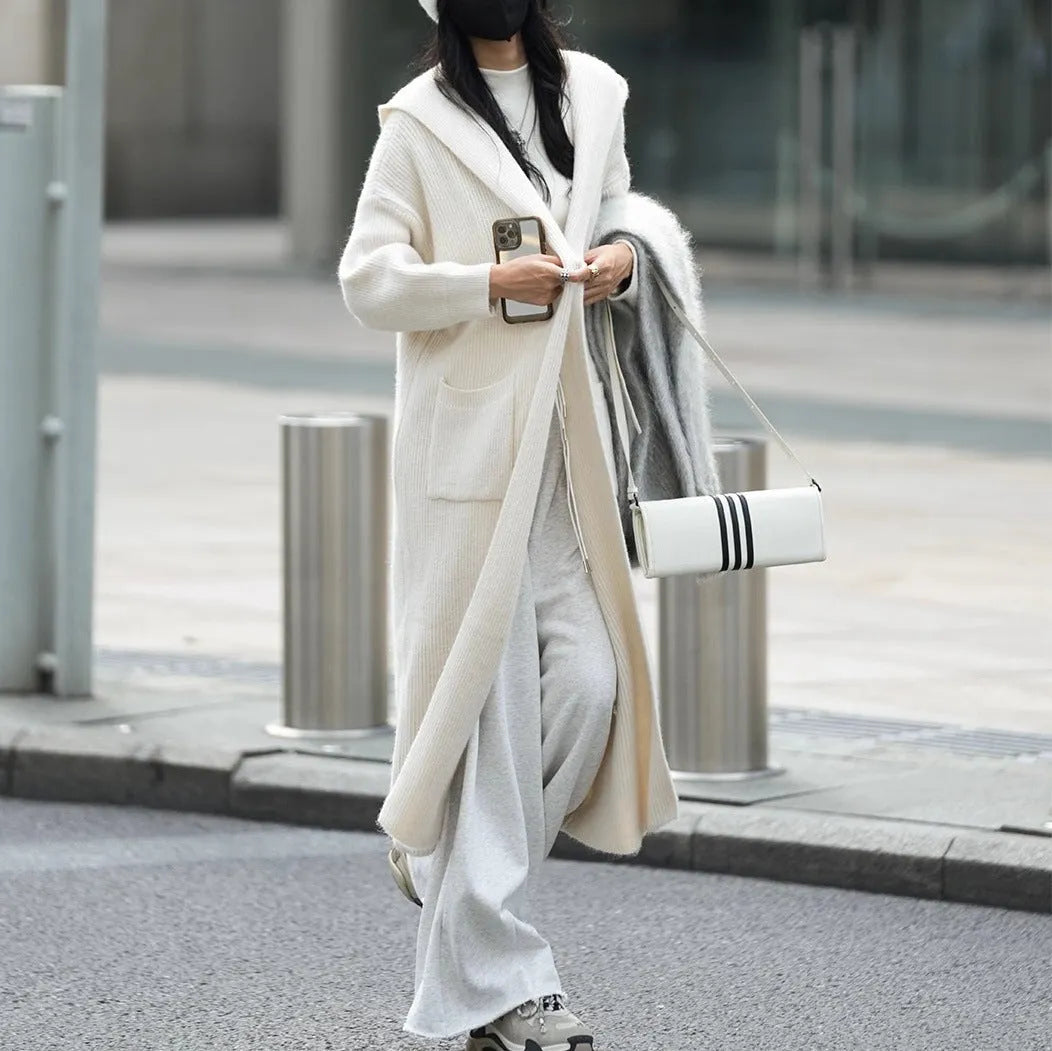 Long grey knitted cardigan with hood showing 80cm length and loose fit design