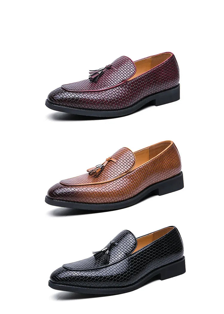 Men's black pointed toe slip on shoes with tassel detail on artificial PU upper