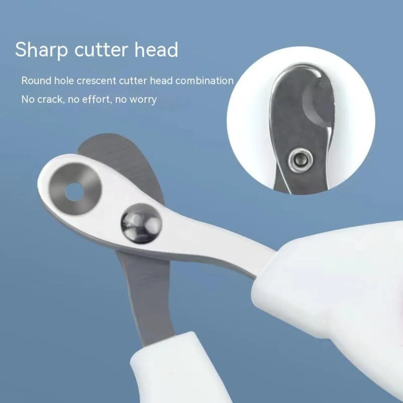 Blue cat nail clippers with circular safety hole and cushioned non-slip handle.