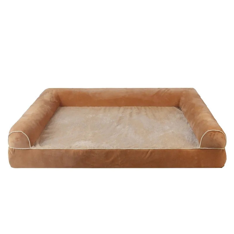 Square sponge dog bed with cloth cover in blue colour showing dimensions