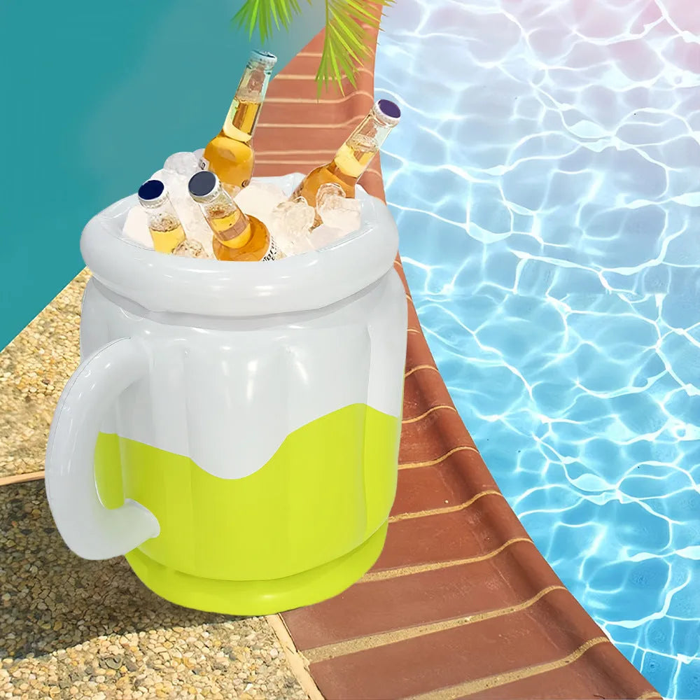 Inflatable ice bar party set with PVC construction showing multiple components including ice bars, cup holders, and beer steins ice bucket