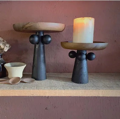 Nordic style round wooden tray with high legs for candle and aromatherapy display