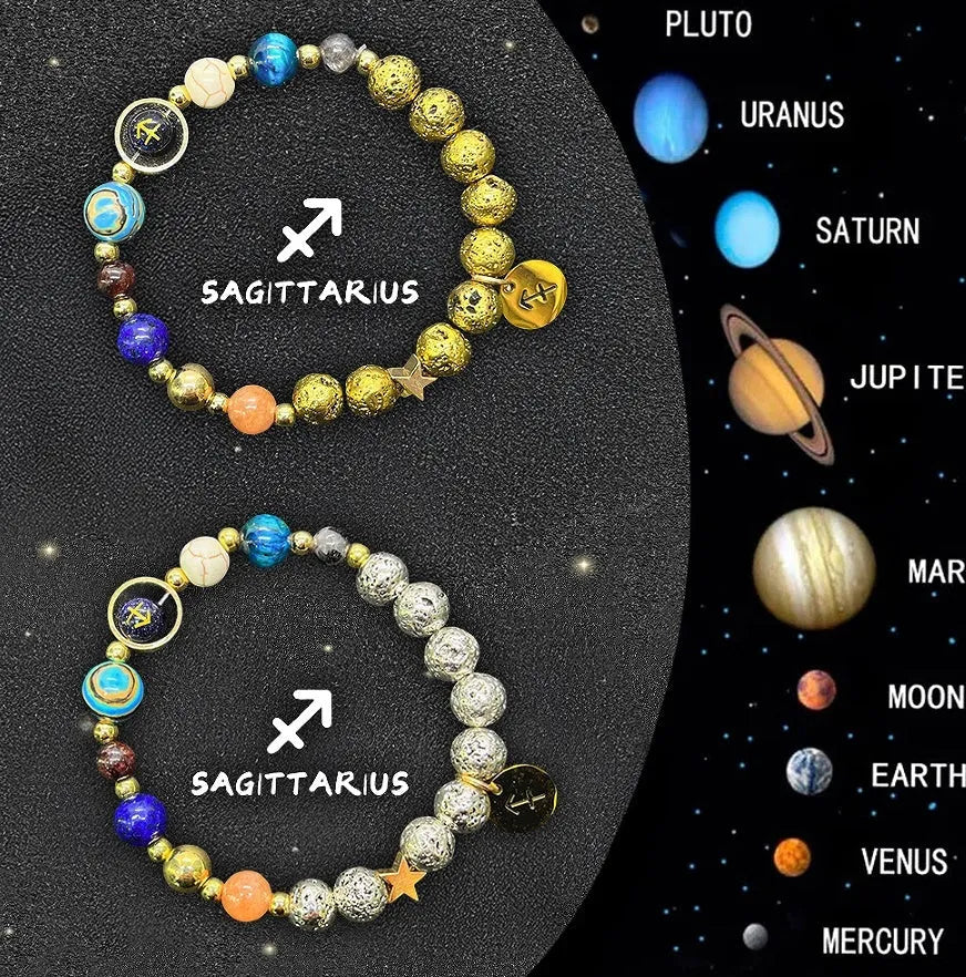 Two natural stone zodiac charm bracelets with elastic threads showing different zodiac symbols