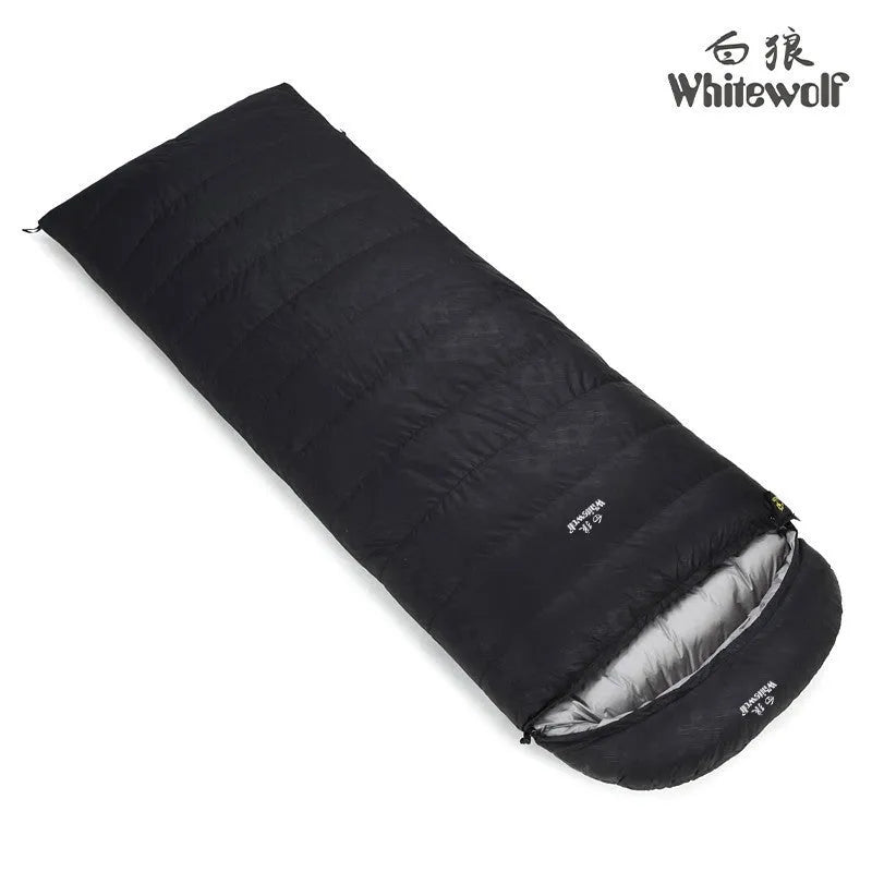 Black outdoor sleeping bag with goose down filler and tear-resistant nylon fabric for adult camping use