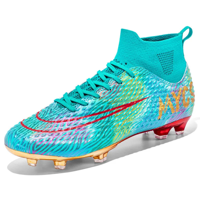 Men's outdoor high-top soccer shoes in green with synthetic leather upper and rubber sole