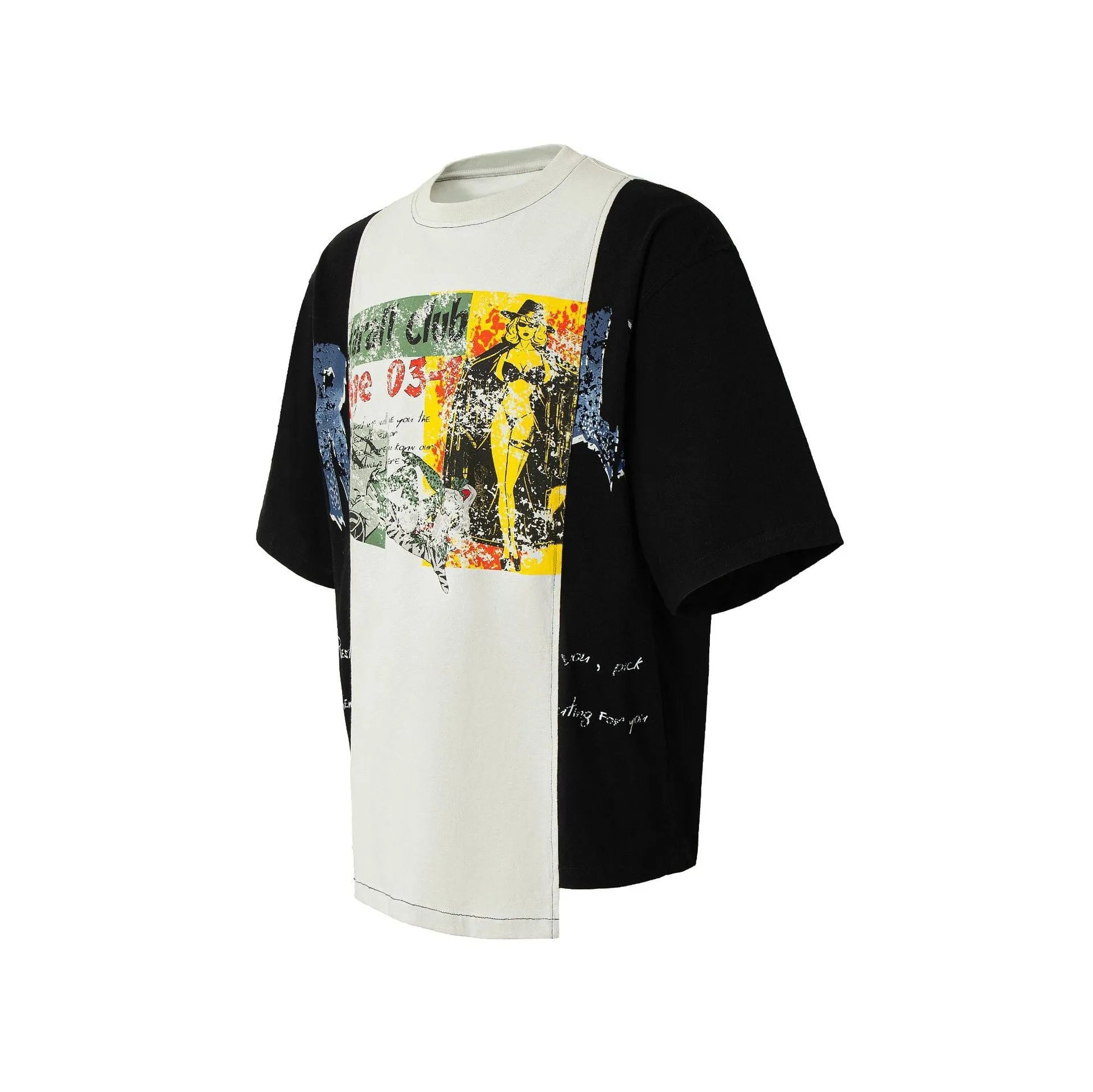Men's black and white broken collage print t-shirt with loose fit and short sleeves