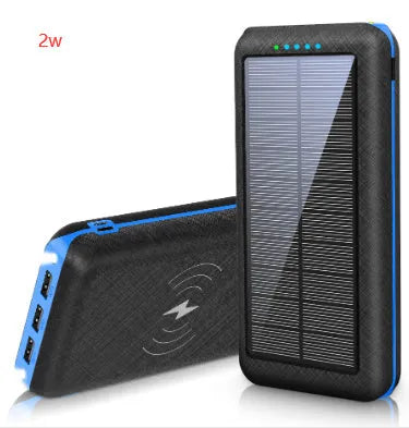 Black portable power bank with solar panel, wireless charging surface, and three USB output ports