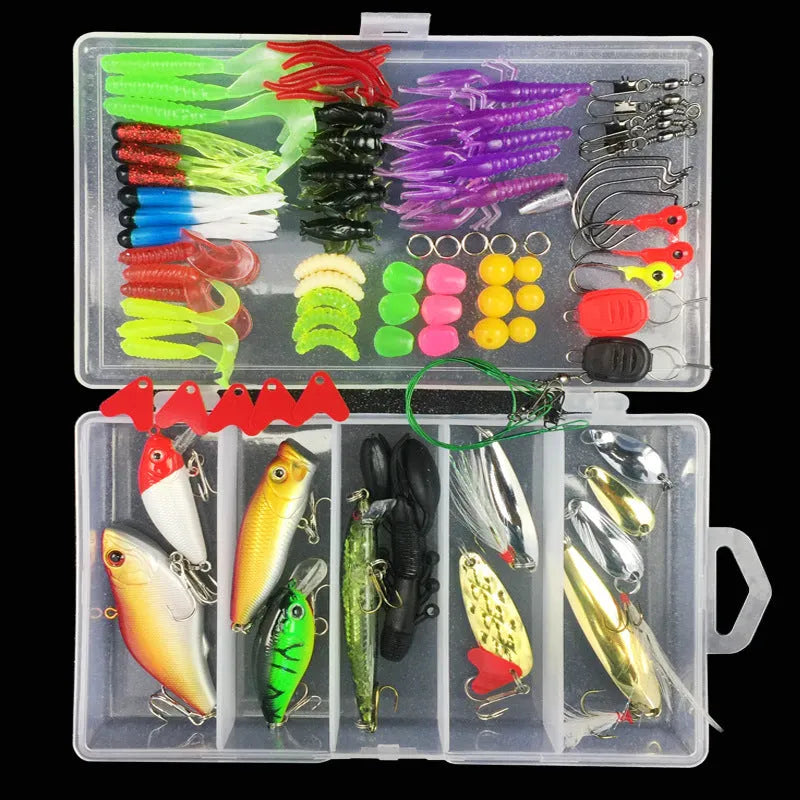 Junior entry-level fishing lure suit set in a hard black PP plastic storage box with multiple lures visible.