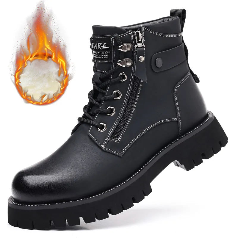 Men's brown high-top leather Martin boots with side zip and a mid-height heel.
