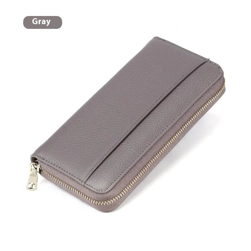 Women's genuine leather long bi-fold wallet in six colour options showing large capacity design