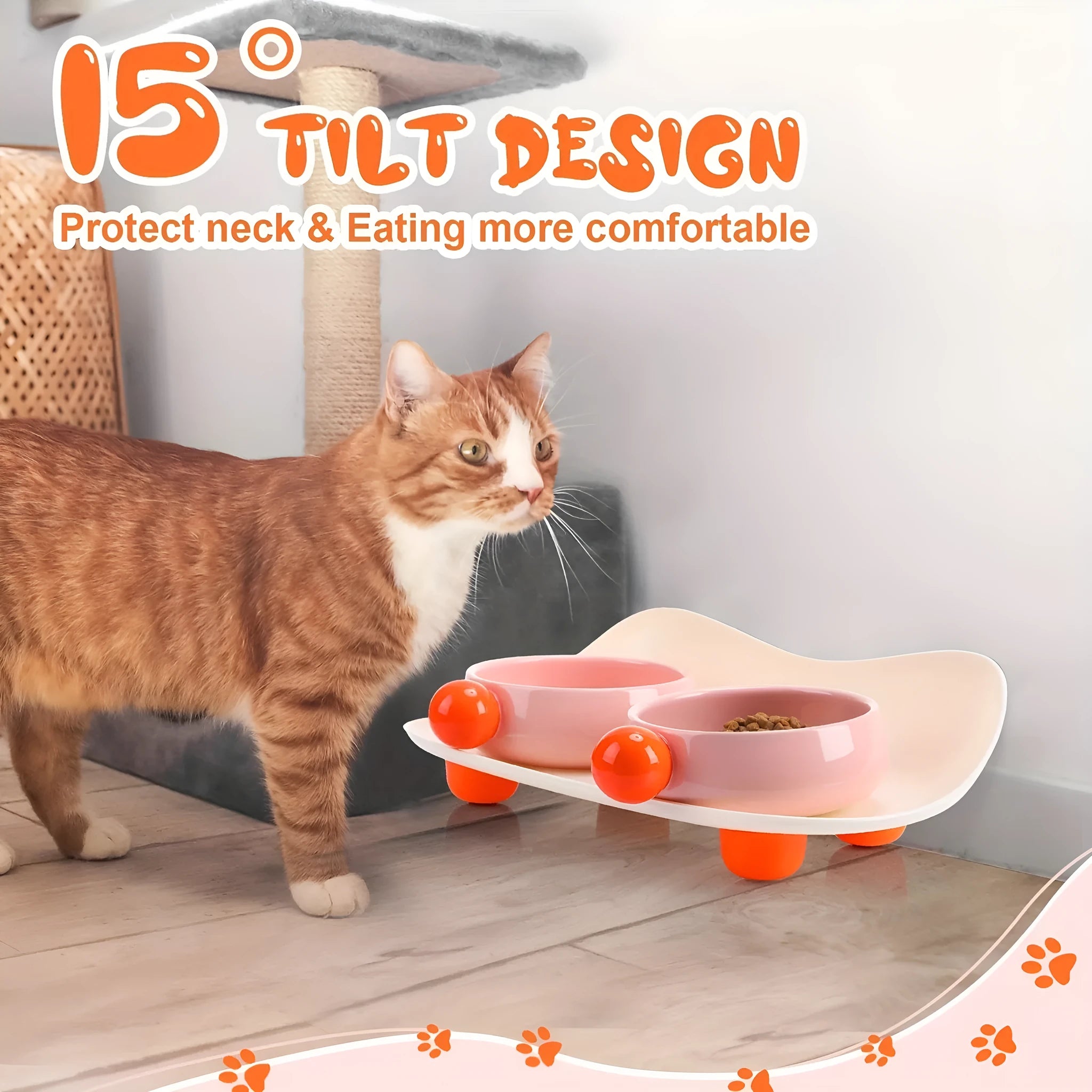 Double raised ceramic pet feeding bowl set with non-slip base in pink colour