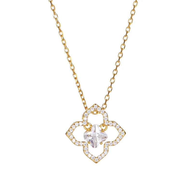 925 silver curb chain necklace with zirconium flower pendant in white gold colour, electroplated finish