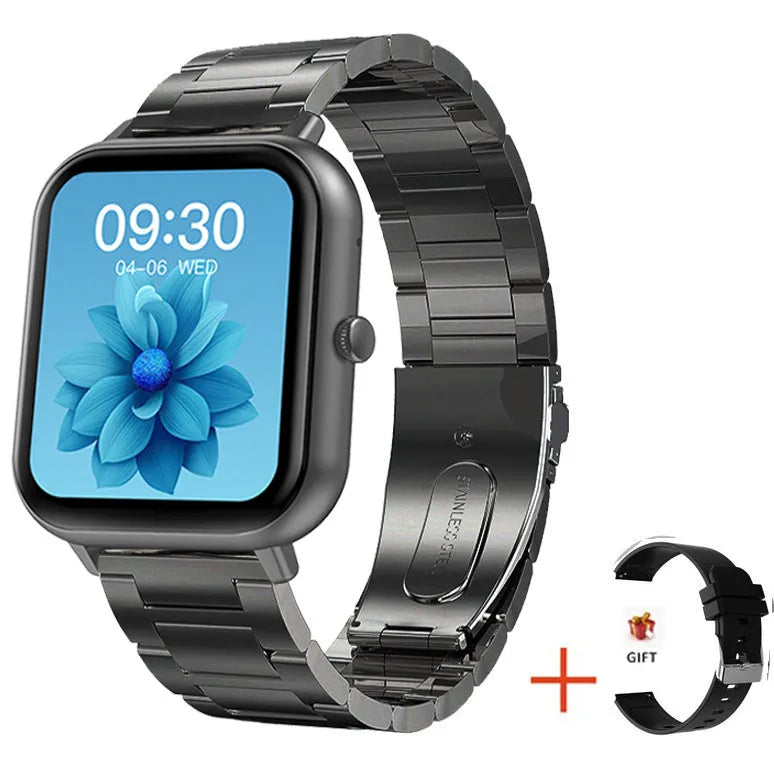 Smart watch with AMOLED display showing health metrics including heart rate, blood pressure and blood oxygen readings