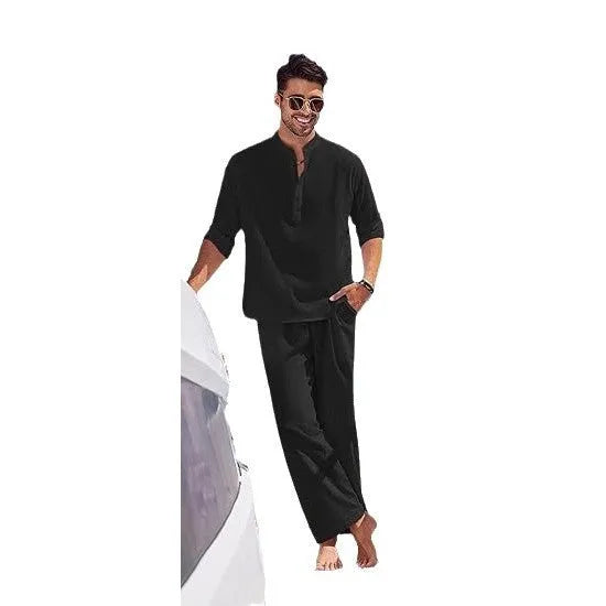 Men's solid colour cotton suit with long sleeve top and trousers in beige, shown laid flat