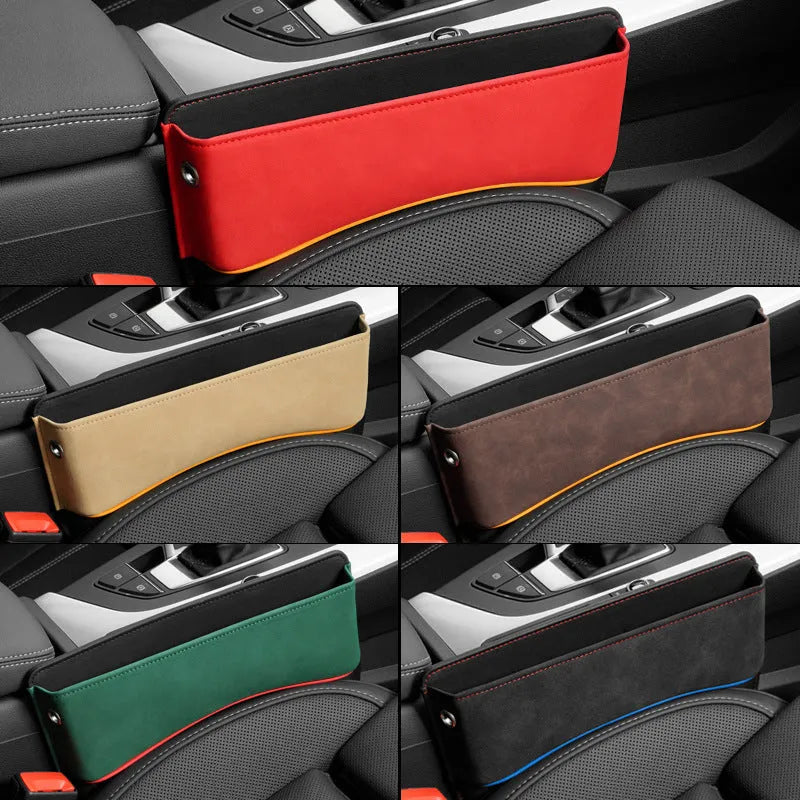 Leather car seat storage box in available colours mounted on vehicle passenger seat