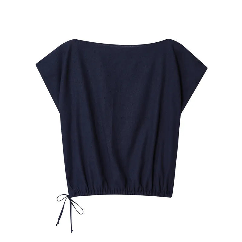 Women's linen blend off-neck shirt with flounced sleeves and wide leg trousers suit set.