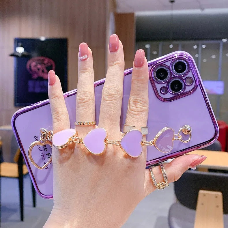 Soft silicone phone case for iPhone with rhinestone electroplate design and lanyard chain for shockproof protection