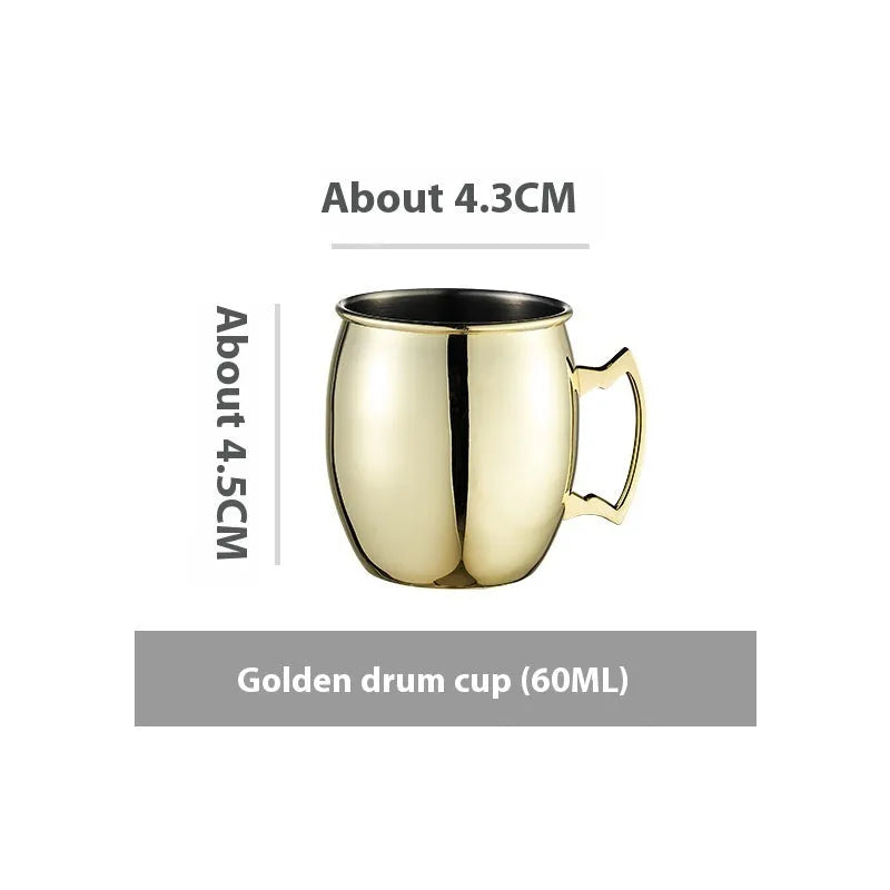 Copper plated stainless steel Moscow Mule mug in hammered and smooth styles, shown in silver, gold, rose gold, and black.