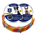 Rainbow coloured plastic flea collar for pets, shown in cat and dog size options.