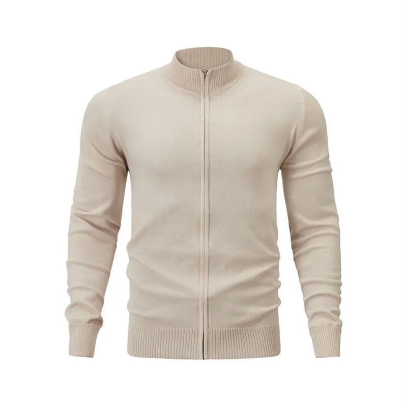 Man wearing a grey stand collar zip-up casual sweater