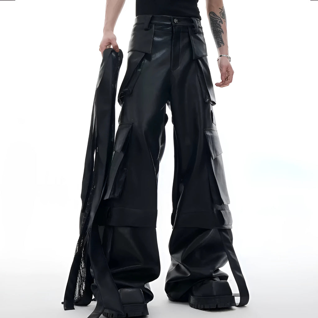 Black loose-fit retro leather pants with multiple pockets and quilted stitching detail