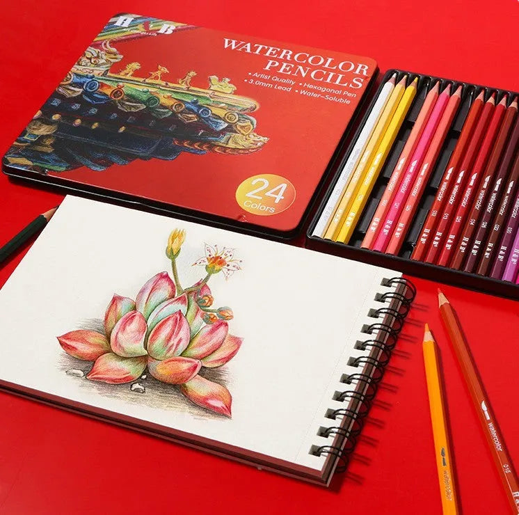 Metal tin open to show 24 water-soluble coloured pencils with brush tips.