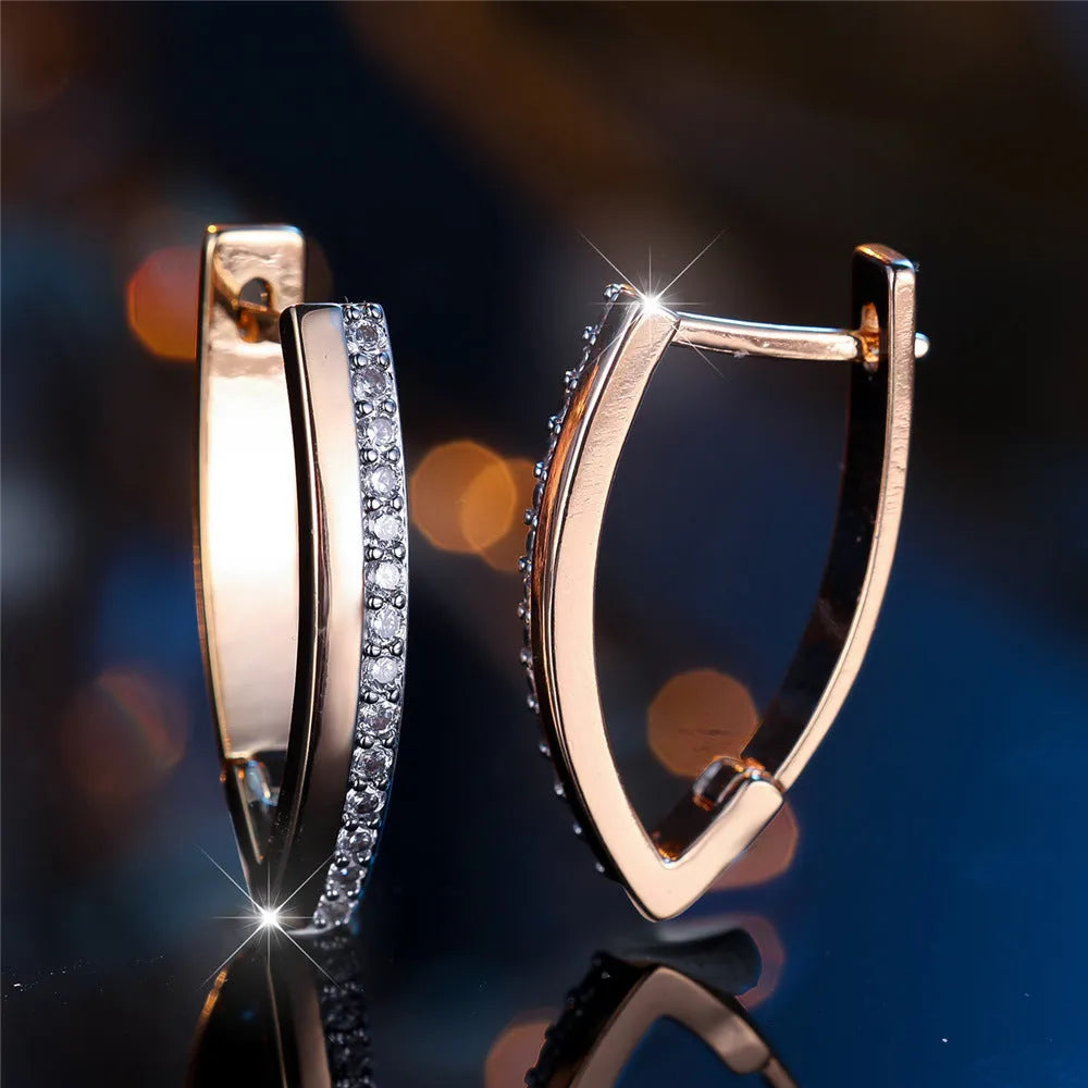 Women's V-shaped geometric ear clips in champagne gold with white diamond colour electroplated finish